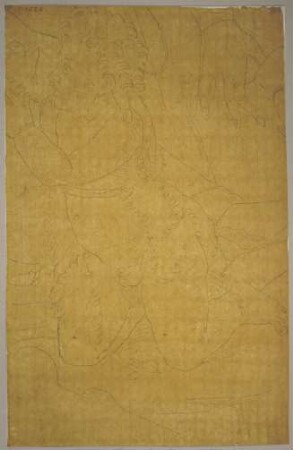 Johannesknabe sowie rechts oben die linke Hand Marias und der linke Fuß des Jesuskinds, Details aus einem Fresko mit der Heiligen Familie und dem Johannesknaben von Raffaello dal Colle im Castel Buccione bei Urbino