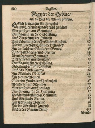 Register der Gebäte/ auf die Zahl der Blätter gerichtet.