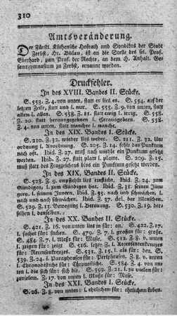 Druckfehler. In des XVIII. Bandes II. Stücke. - In des XX. Bandes II. Stücke.