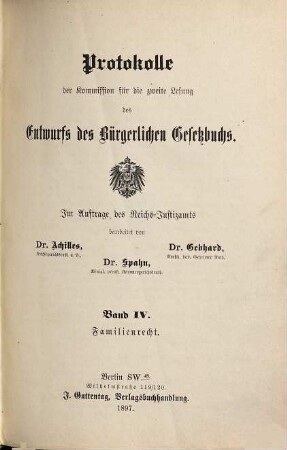 Protokolle der Kommission für die zweite Lesung des Entwurfs des Bürgerlichen Gesetzbuchs, 4. Familienrecht