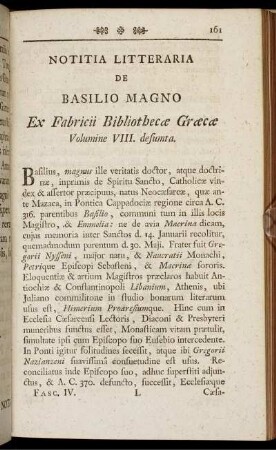 Notitia Litteraria De Basilio Magno Ex Fabricii Bibliothecæ Græcæ Volumine VIII. desumta.