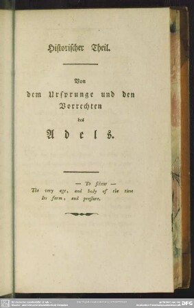 Historischer Theil. Von dem Ursprunge und den Vorrechten des Adels