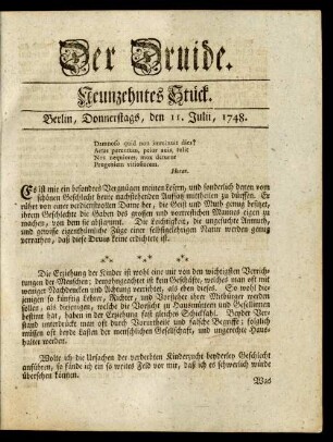Neunzehntes Stück. Berlin, Donnerstags, den 11. Julii, 1748