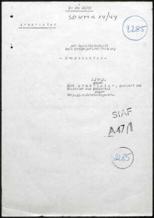 Angeklagter: Armbruster, Karl (Landwirt); Menzenschwand *17.10.1888 in Bühlertal; + ? Delikt: Vergehen gegen das Heimtückegesetz Tatort: Menzenschwand Tatzeit: Dezember 1943
