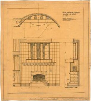 Billing, Hermann; Baden-Baden, Vincentistr. 21-23; Villa E. Maurer - Diele, Kamin (Grundriss; Ansicht; Schnitt)