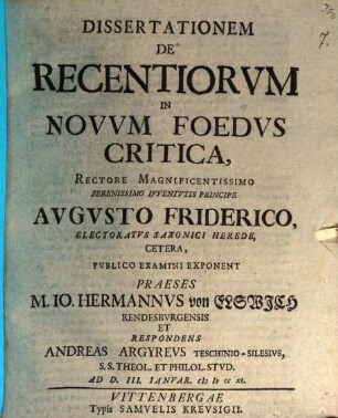 Dissertationem de recentiorum in Novum Foedus critica