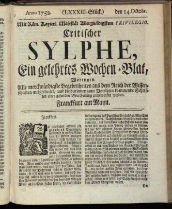 (LXXXIII. Stück.) den 14. Octobr. Anno 1752.