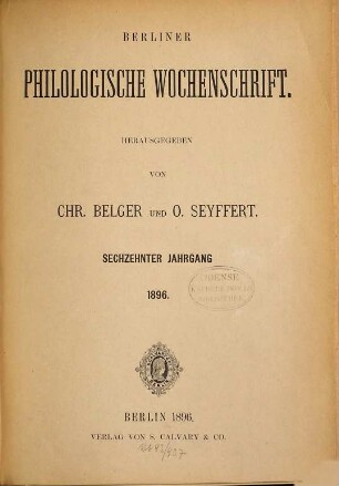 Berliner philologische Wochenschrift, 16. 1896