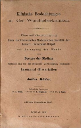 Klinische Beobachtungen an vier Wundfieberkranken : Inaug. Diss.