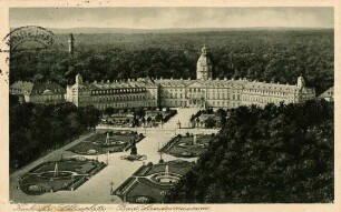 Postkartenalbum mit Motiven von Karlsruhe. "Karlsruhe, Schlossplatz - Badisches Landesmuseum". Schloss mit Schlossplatz und -garten