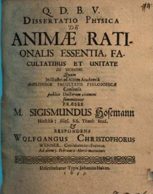 Diss. ... de animae rationalis essentia, facultatibus et unitate in homine