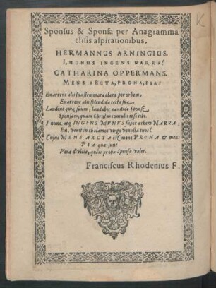 Sponsus & Sponsa per Anagramma elisis aspirationibus.