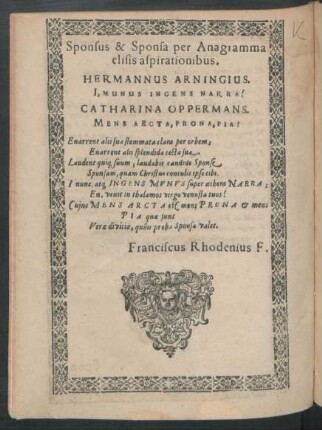 Sponsus & Sponsa per Anagramma elisis aspirationibus.