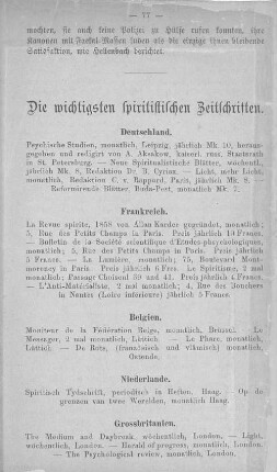 Die wichtigsten spiritistischen Zeitschriften.