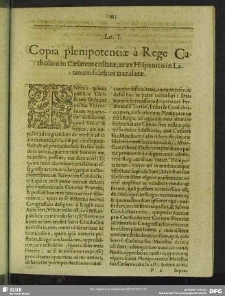 Lit. I. Copia plenipotentiae a Rege Catholico in Caesarem collectae, ac ex Hispanico in Latinum fideliter translatae