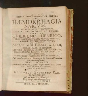 Dissertatio Inavgvralis Medica De Hæmorrhagia Narivm