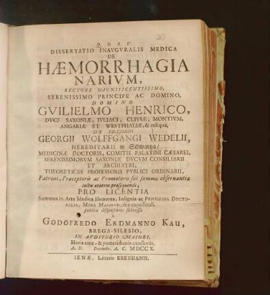 Dissertatio Inavgvralis Medica De Hæmorrhagia Narivm
