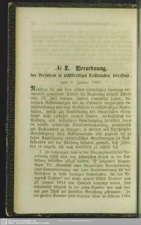 No. 2. Verordnung, das Verfahren in nichtstreitigen Rechtssachen betreffend; vom 9. Januar 1865