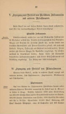 V. Erzeugung und Vertrieb von Maschinen, Instrumenten und anderen Metallwaaren.