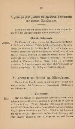 V. Erzeugung und Vertrieb von Maschinen, Instrumenten und anderen Metallwaaren.