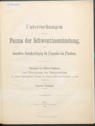 Untersuchungen über die Fauna der Schwentinemündung, mit besonderer Berücksichtigung der Copepoden des Planktons