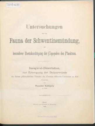 Untersuchungen über die Fauna der Schwentinemündung, mit besonderer Berücksichtigung der Copepoden des Planktons