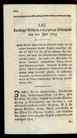 LXV. Landtags-Abschied, vollzogen zu Oldenstadt den 2ten Julii 1624.