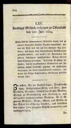 LXV. Landtags-Abschied, vollzogen zu Oldenstadt den 2ten Julii 1624.