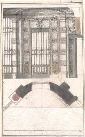 Pedetti, Peter Moritz (Maurizio); Eichstätt; Sommerresidenz (Codex Aureatinus) - Mittelpavillon - Innendekoration Südwestecke (Grundriss, Aufriss)