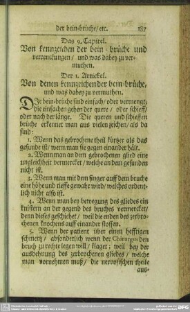 Das 9. Capitel. Von kennzeichen der bein-brüche und verrenckungen, und was dabey zu vermuthen