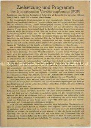 Flugschrift mit dem Programm des Internationalen Versöhnungsbundes - Sachkonvolut