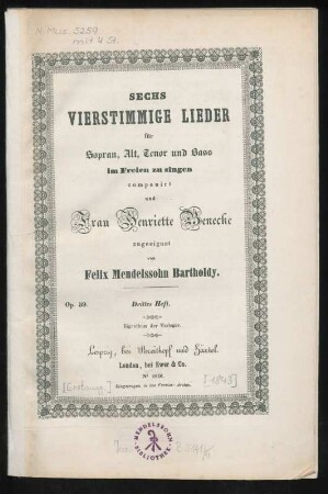 Sechs Vierstimmige Lieder für Sopran, Alt, Tenor und Bass : im Freien zu singen ; Op. 59 ; Drittes Heft