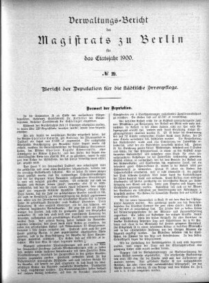 No. 19. Bericht der Deputation für die städtische Irrenpflege