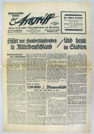 Berliner NS-Tageszeitung "Der Angriff" zu verschiedenen Wahlkampfauftritten von Hitler in Thüringen
