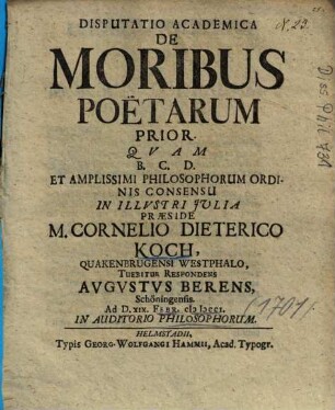 Disputatio Academica De Moribus Poëtarum. 1