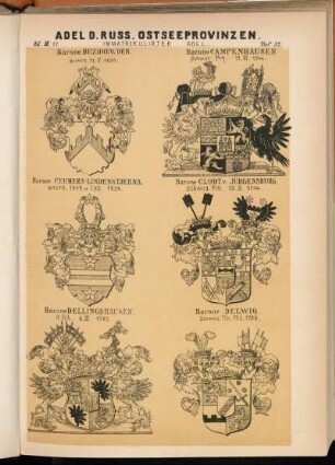 Taf. 32. Barone Buxhoewden. anerk. 18.V.1834. - Barone Campenhausen. Schwed. Frh. 11.VI.1744. - Barone Ceumern-Lindenstjerna. anerk. 1849. u. 7.XII.1854. - Barone Clodt v. Jürgensburg. Schwed. Frh. 15.II.1714. - Barone Dellingshausen. R.Frh. 8.IX.1785. - Barone Delwig. Schwed. Frh. 17.I.1720