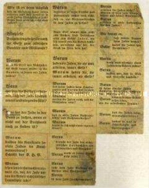 Block mit 19 Vignetten/Klebezetteln mit antisemitischen Parolen