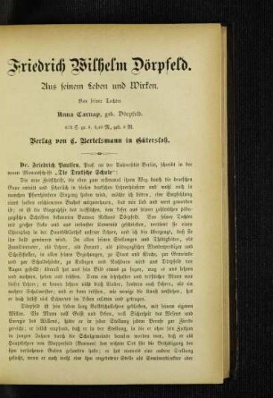 Friedrich Wilhelm Dörpfeld : aus seinem Leben und Wirken
