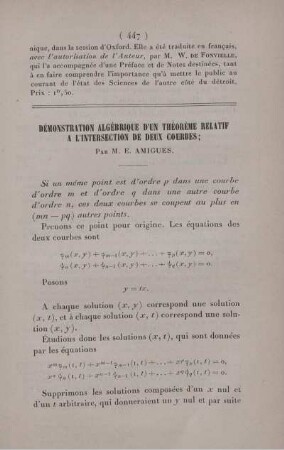Démonstration algébrique d'un théorème relatif a l'intersection de deux courbes.