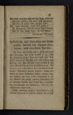 Ankündigungen einer Ausstellung von Kunstwerken, Arbeiten und nützlichen Erfindungen, nebst ausgesetzten Prämien.