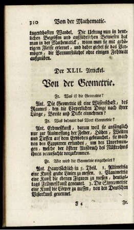 Der XLII. Artickel. Von der Geometrie.