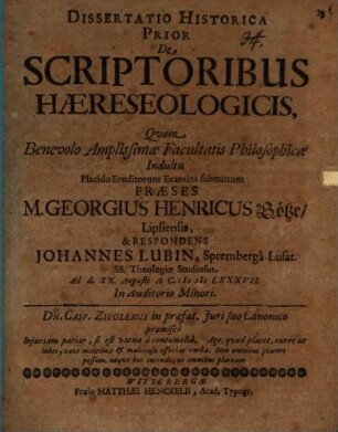 Dissertatio Historica Prior De Scriptoribus Haereseologicis