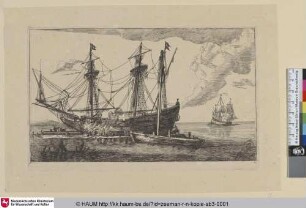 [Ein Handelsschiff dessen Hülle abgedichtet wird; A Merchantman of Which the Hull is Being Caulked]