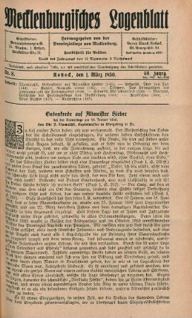 Nr. 8. Rostock, den 1. März 1930. 58. Jahrg.