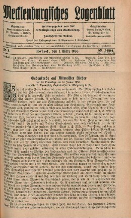 Nr. 8. Rostock, den 1. März 1930. 58. Jahrg.