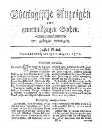 34stes Stück. Sonnabends, den 29sten August, 1772.