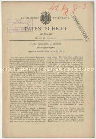 Patentschrift eines Arbeitsregistrie-Apparates, Patent-Nr. 35742