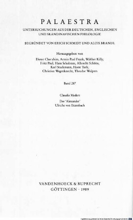 Der Alexander Ulrichs von Etzenbach : Studien zur Erzählstruktur und Gattungsproblematik