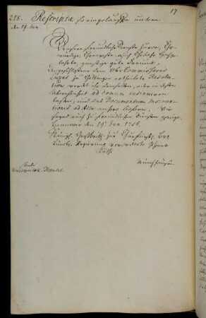 Übersendung eines verschlossenen Reskripts zur Weiterleitung an den Oberkommissar Luzac.