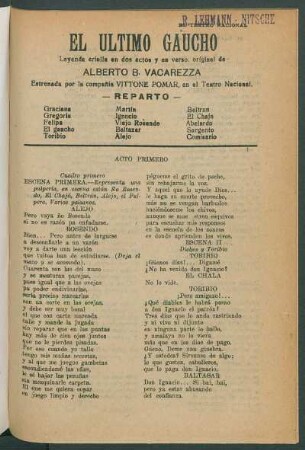 1918003000: El último gaucho : leyenda criolla en dos actos y en verso